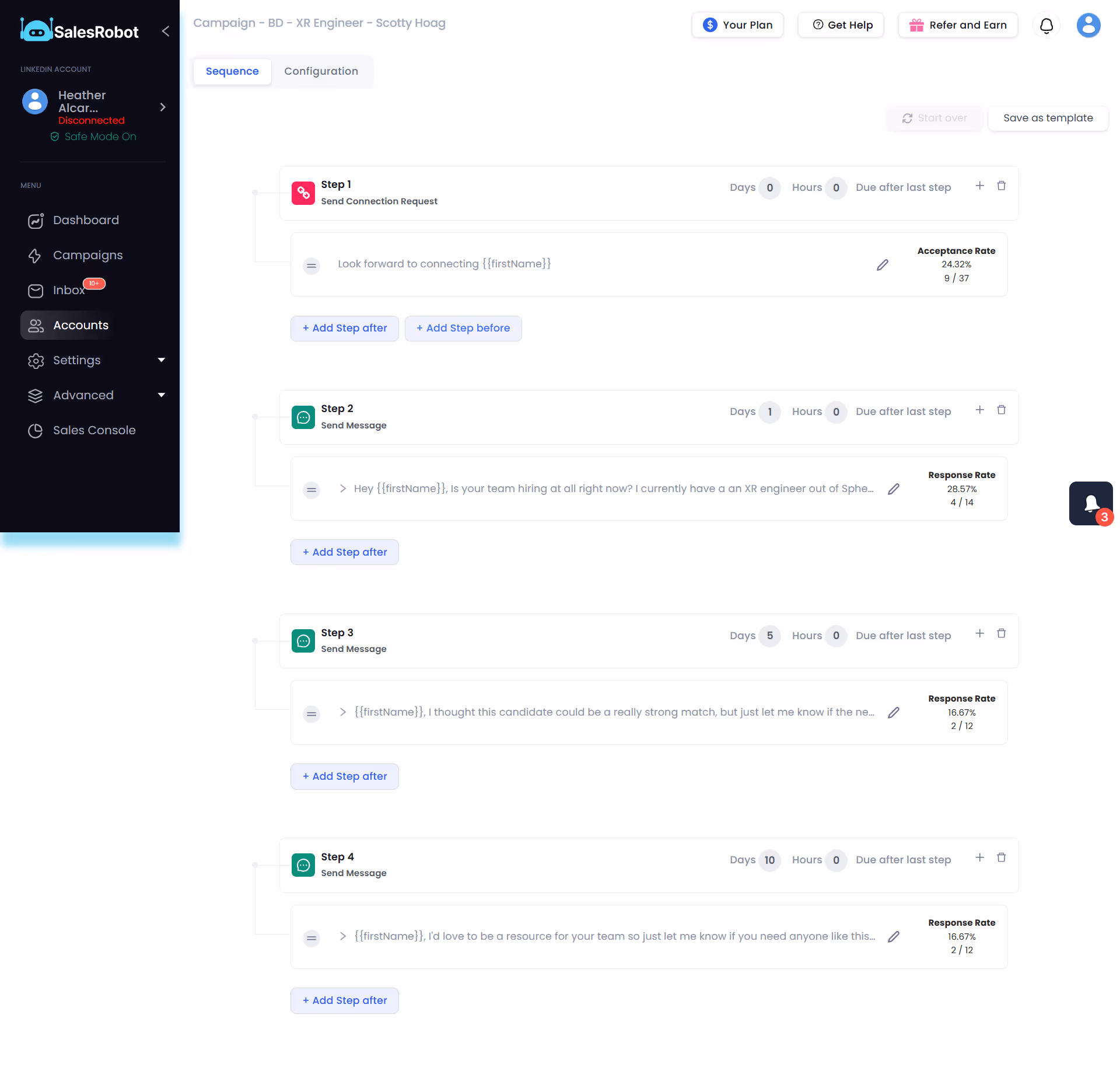 Screenshot of a 4-step SalesRobot automated campaign sequence, featuring one connection request step, followed by three follow-up message steps.