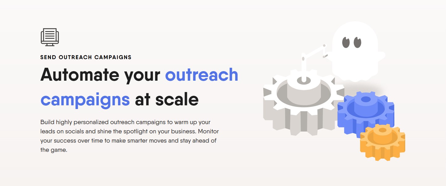A cartoon illustration of a ghost-like figure automating outreach campaigns.