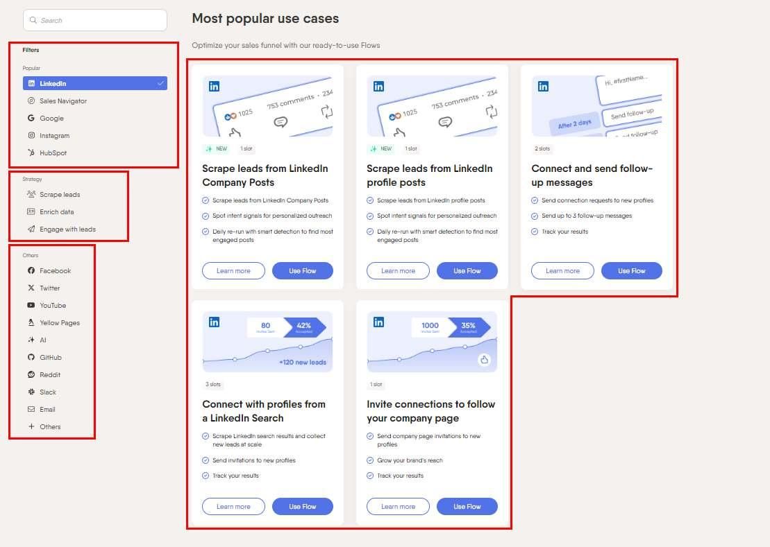 A screenshot of a website showing different use cases for LinkedIn automation.