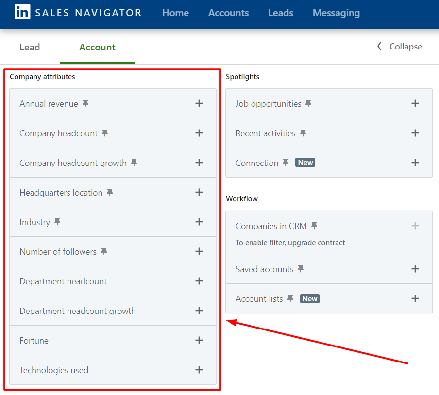 LinkedIn Sales Navigator Company Attributes filter