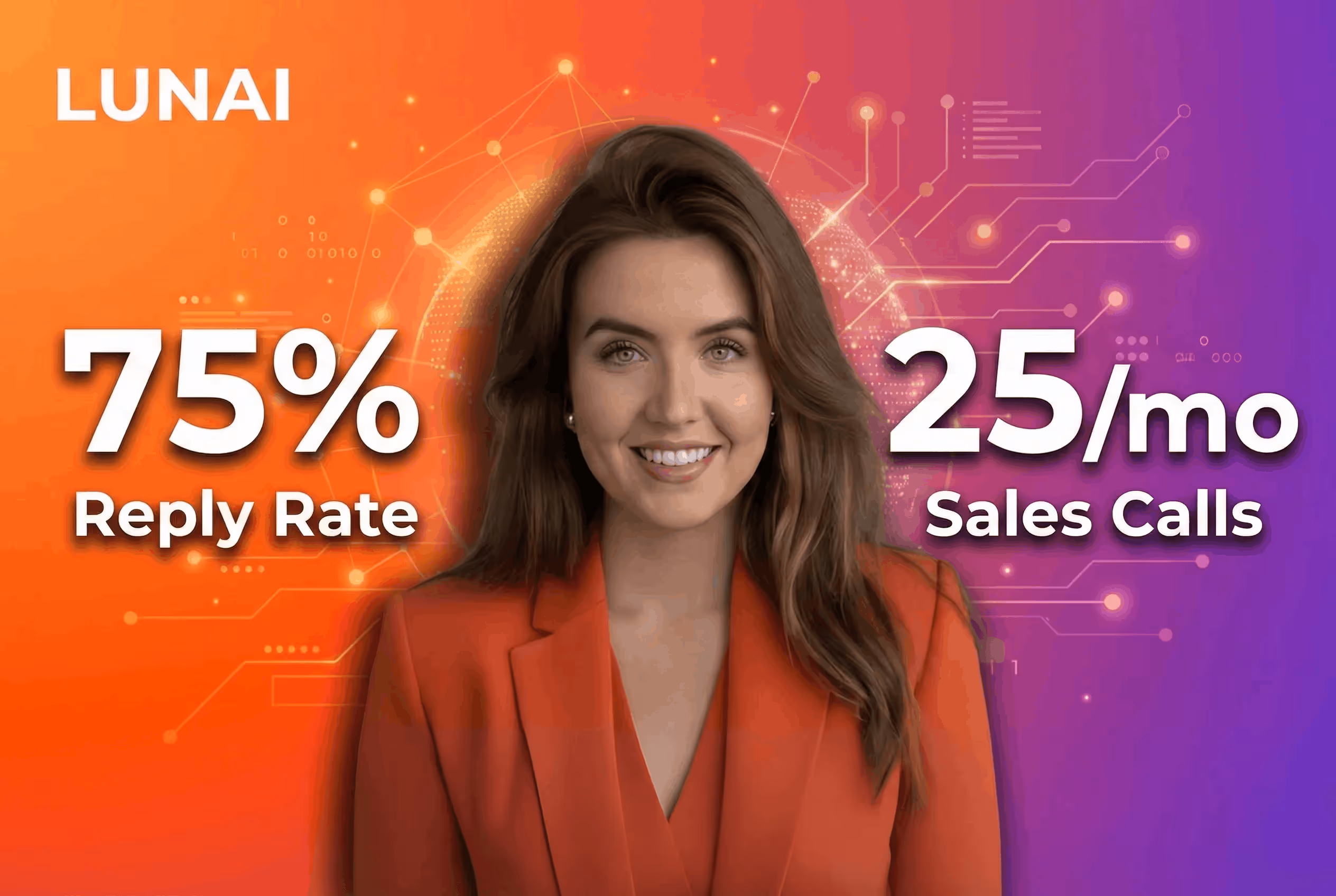 Case study thumbnail for LUNAI, showcasing a 75% reply rate and 25 sales calls in the first month achieved using SalesRobot.