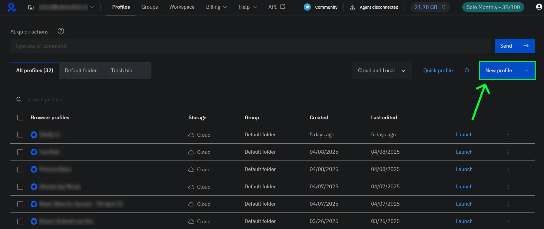 Create a new profile in Multilogin