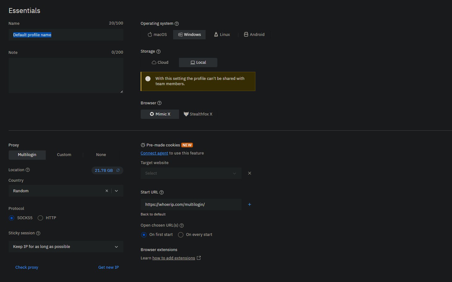 Multilogin essentials tab