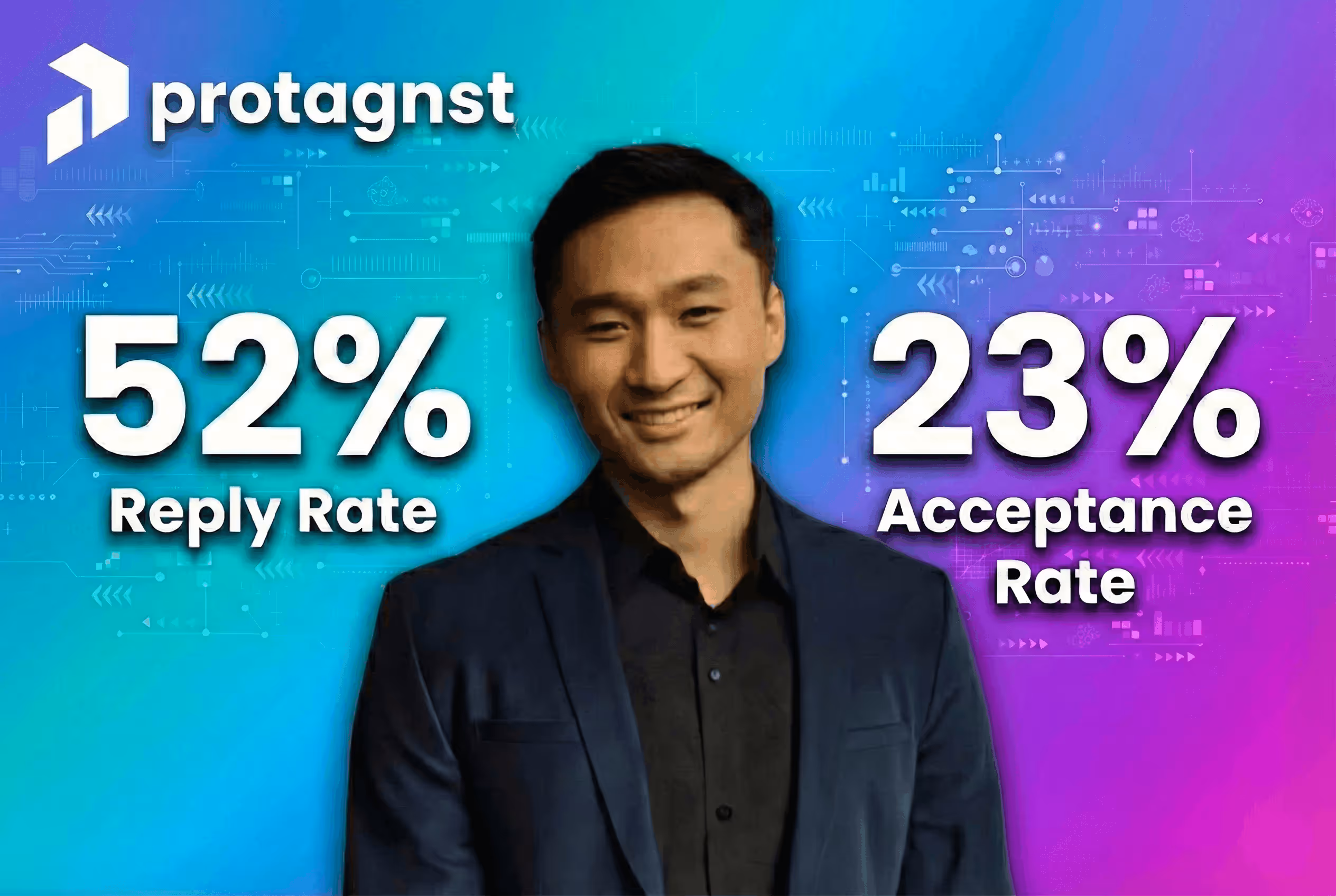 Case study thumbnail for Protagnst, showcasing a 52% reply rate and a 23% acceptance rate achieved using SalesRobot.