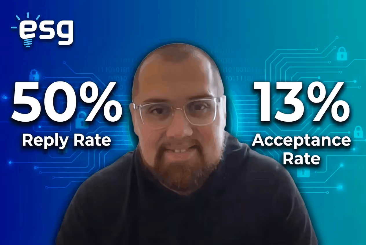 Case study thumbnail for ESG, showcasing a 50% reply rate and a 13% acceptance rate achieved using SalesRobot.