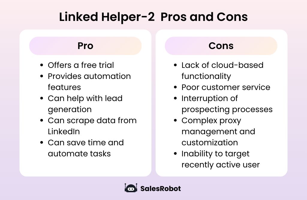 Pros and cons table for LinkedIn Helper 2