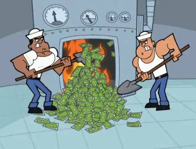 characters throwing money into fire