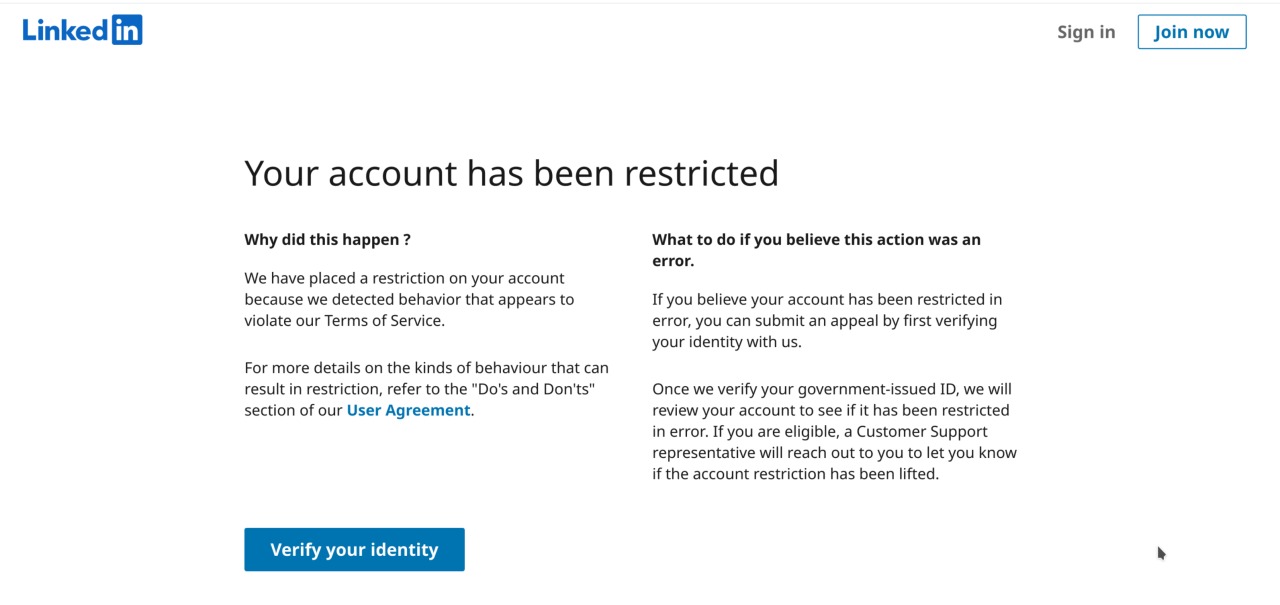 account restriction notice from linkedin