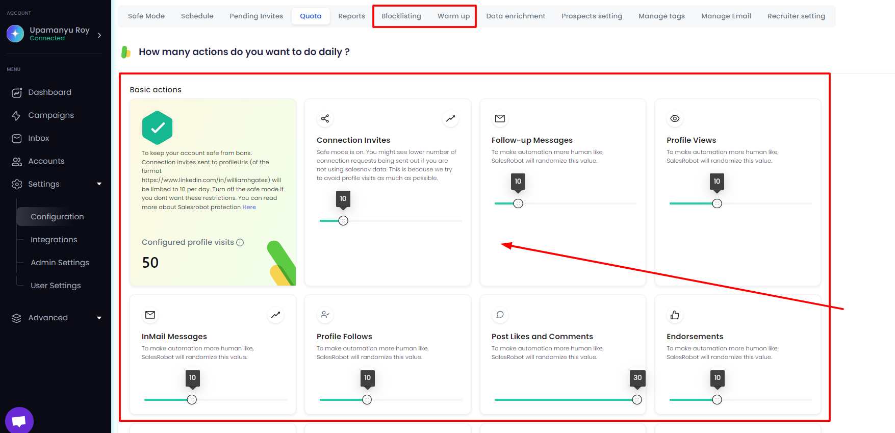 Salesrobot safety settings