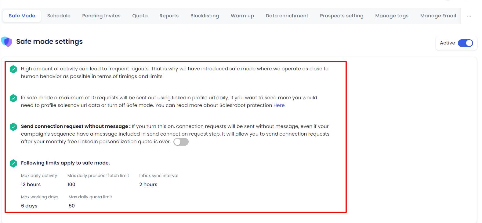 Salesrobot safe mode settings