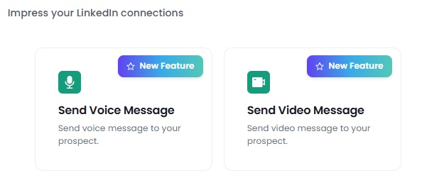 Two feature cards promoting 'Send Voice Message' and 'Send Video Message' for LinkedIn connections.