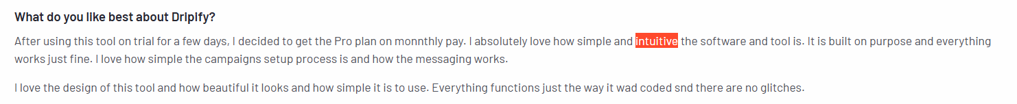 Testimonial highlighting the intuitive and user-friendly interface of Dripify.