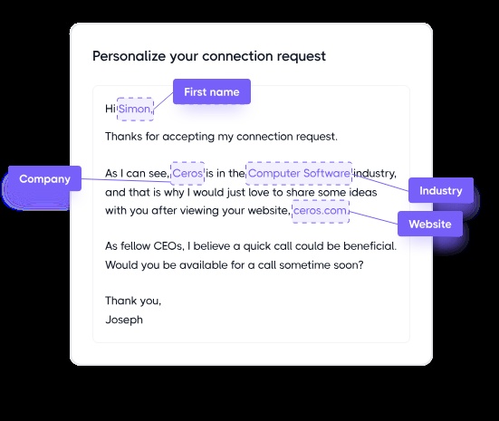 A personalized LinkedIn connection request message template with dynamic fields for first name, company, industry, and website.