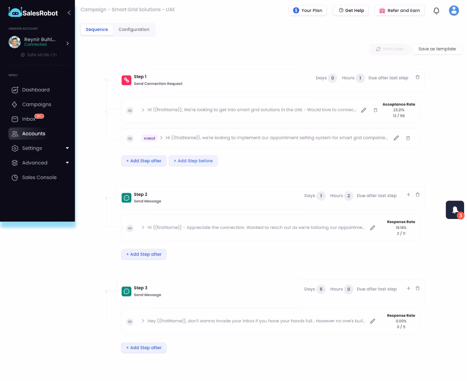 Screenshot of a 3-step SalesRobot automated campaign sequence, featuring one connection request step, followed by two follow-up message steps.
