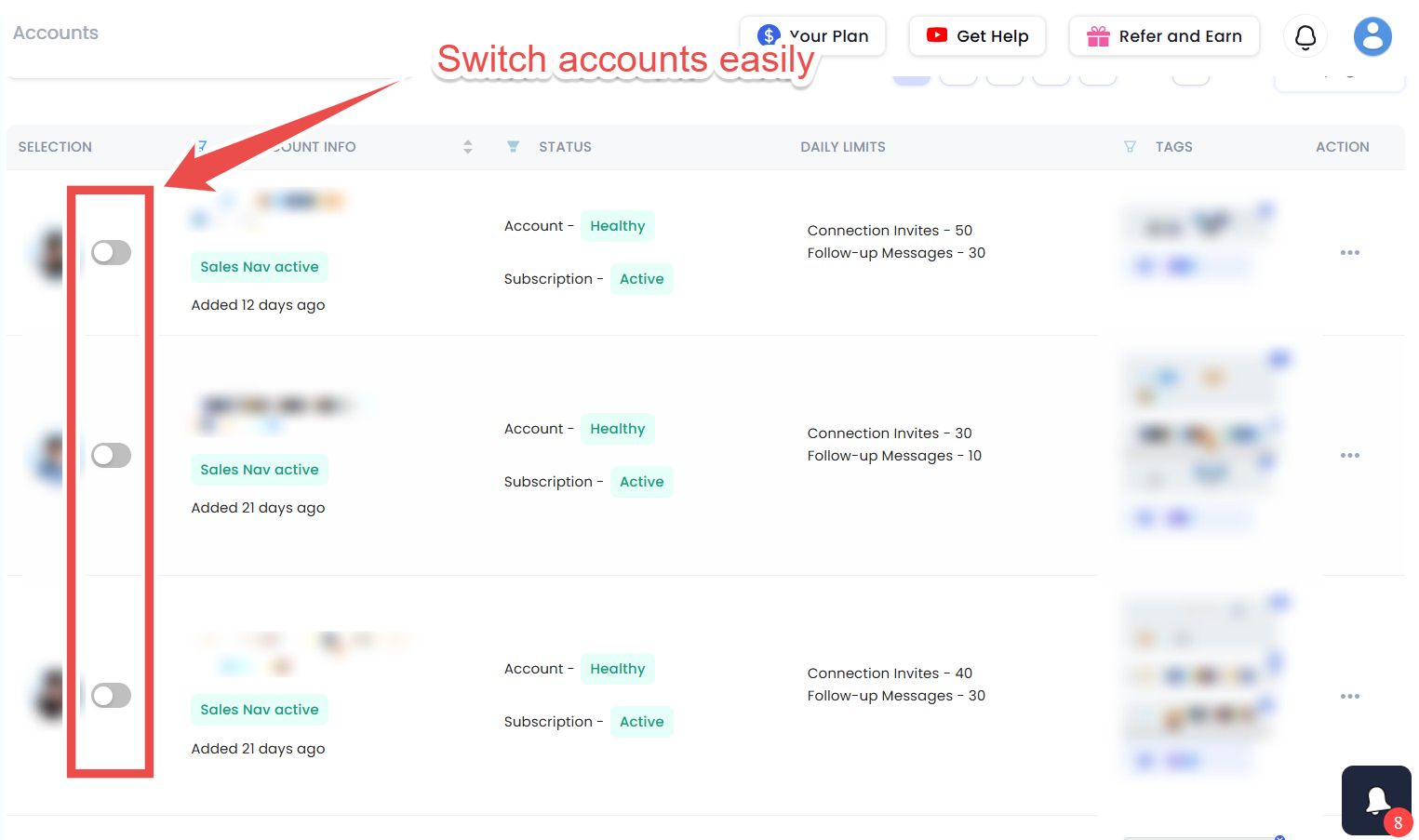 An accounts dashboard displaying multiple accounts with toggle switches highlighted, and the text 'Switch accounts easily'.
