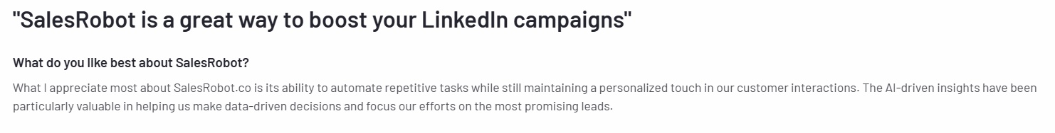 A testimonial praising SalesRobot for automating repetitive tasks and providing personalized customer interactions.