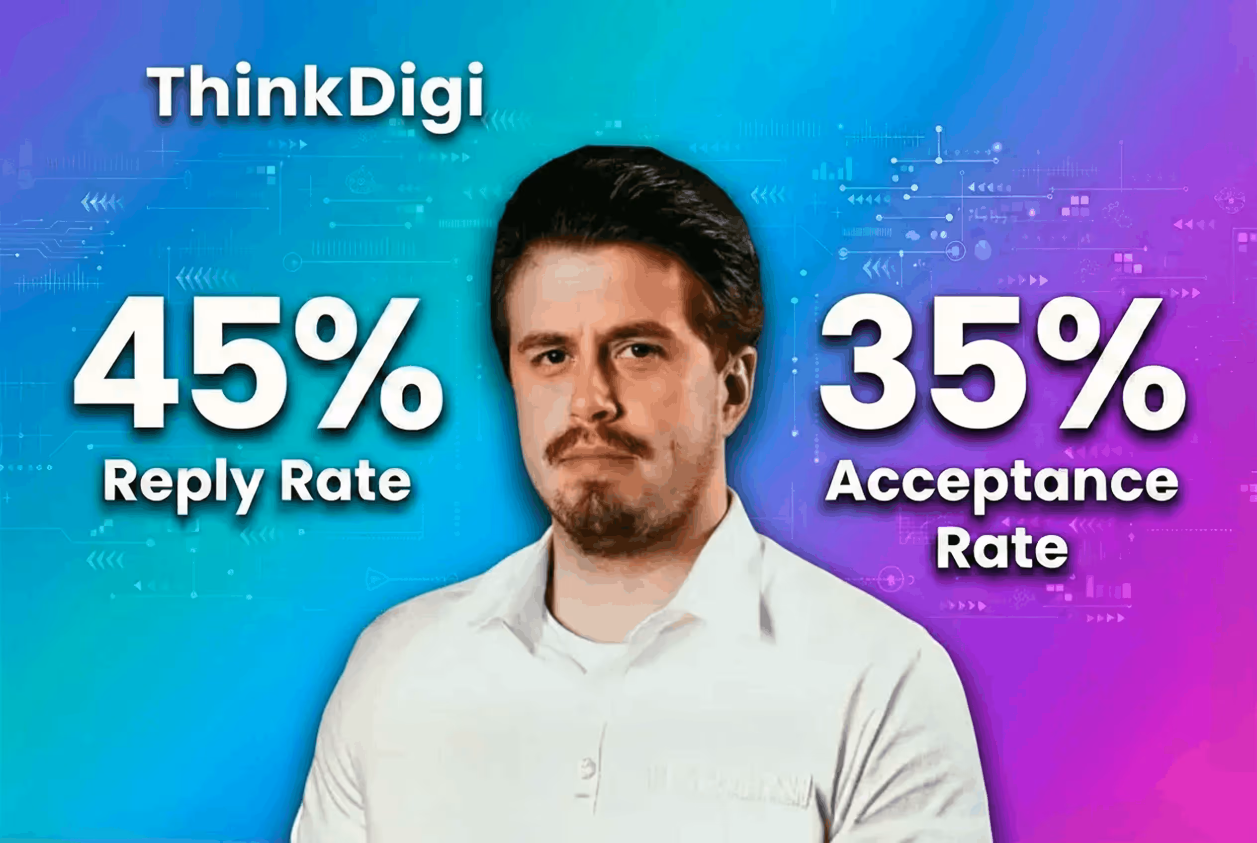 Case study thumbnail for ThinkDigi, showcasing a 45% reply rate and a 35% acceptance rate achieved using SalesRobot.