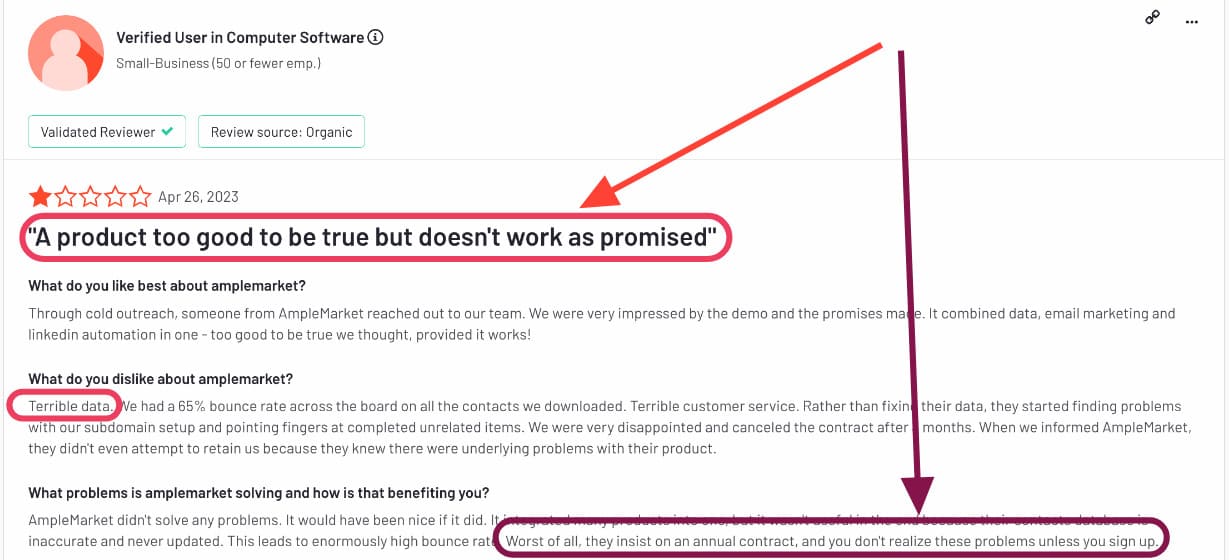 Amplemarket poor review on false promises