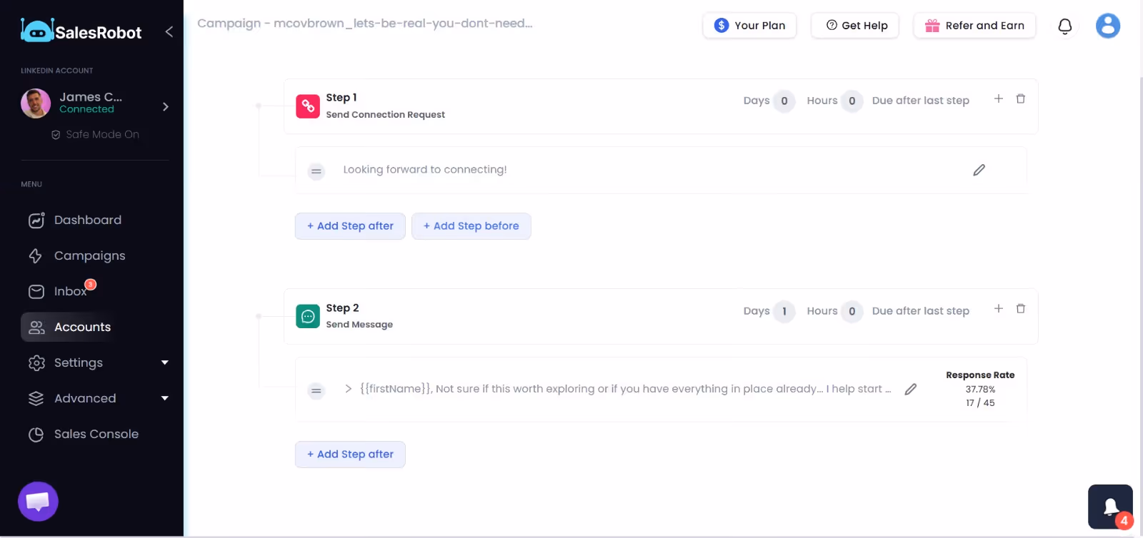 Screenshot of a 2-step SalesRobot automated campaign sequence, featuring one connection request step followed by one follow-up step.