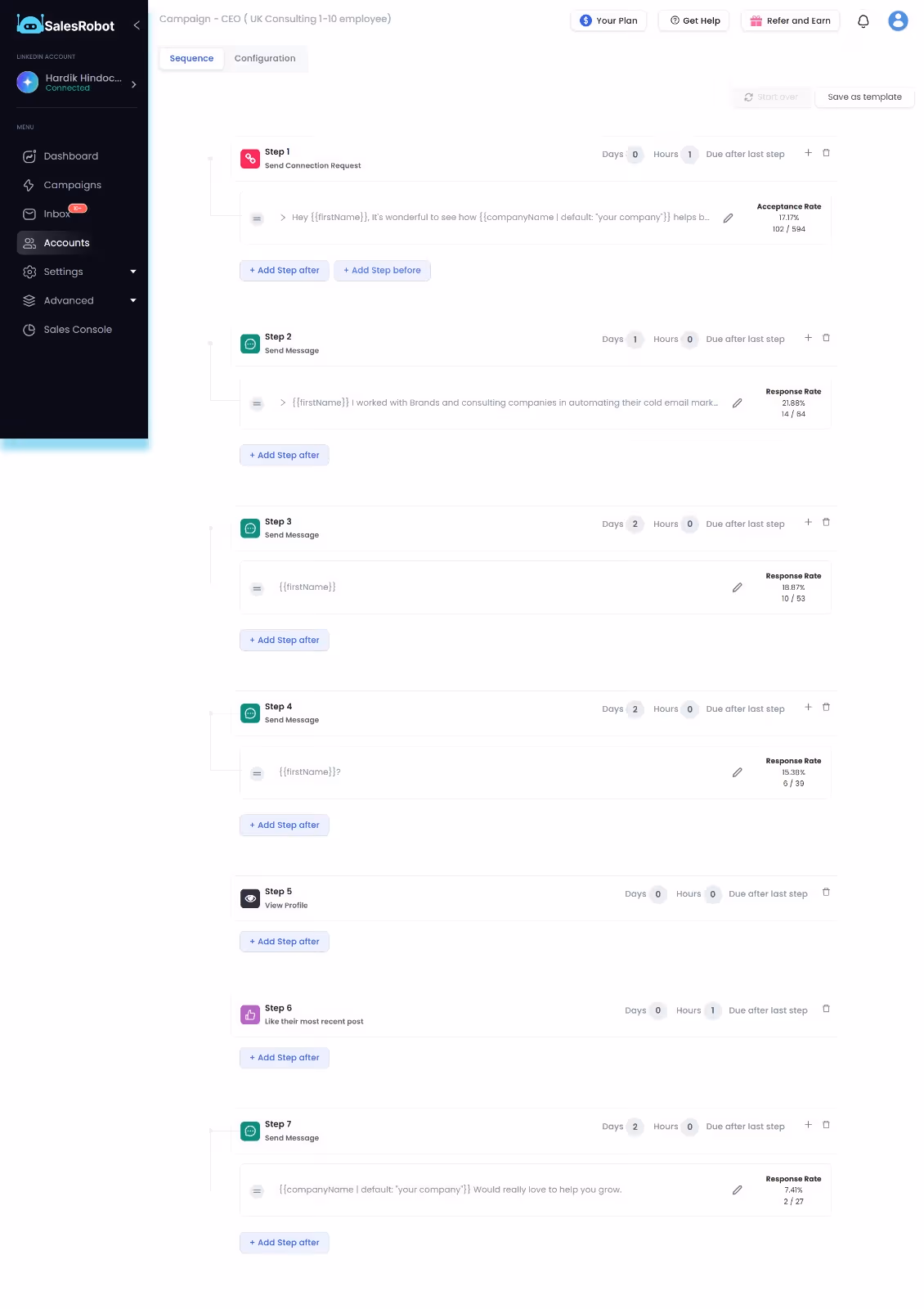 Successful 7-step SalesRobot sequence for GrowRevenue Media: a high-touch LinkedIn workflow featuring connection request, profile view and post like paired with a strategic multi-message engagement strategy.