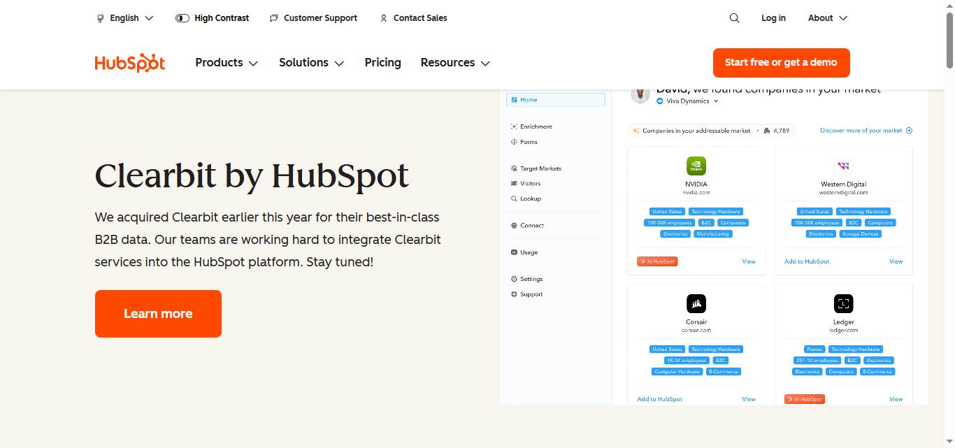 Clearbit by hubspot does not reveal pricing