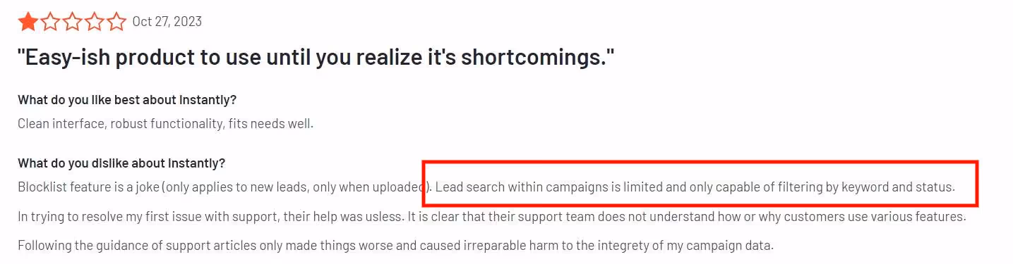 Bad review of Instantly about lead search.