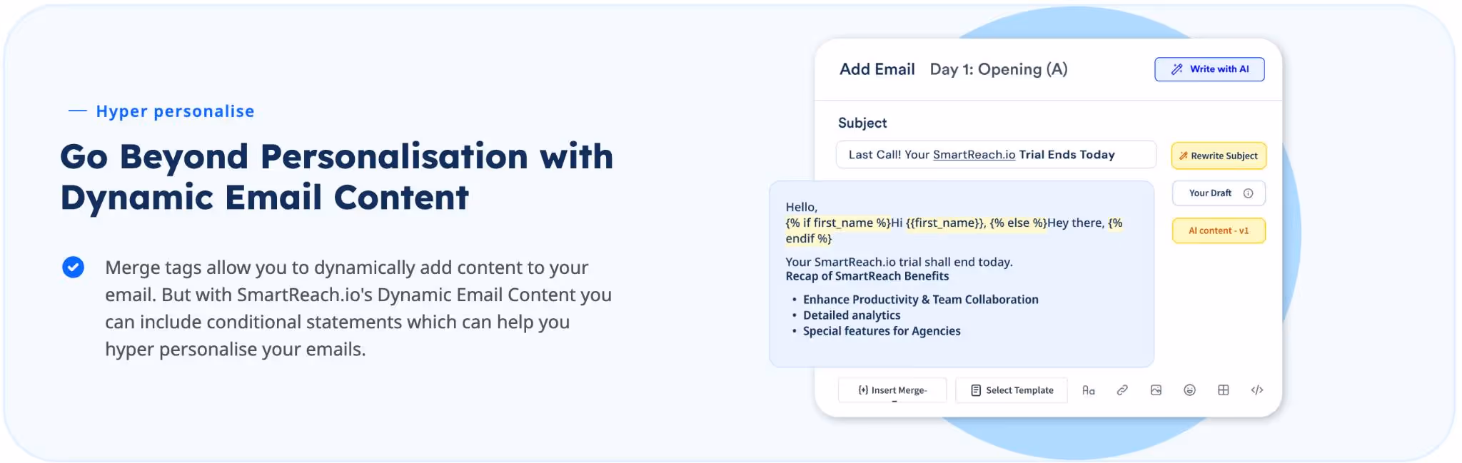 Dynamic email content example showing personalization with merge tags and conditional statements.
