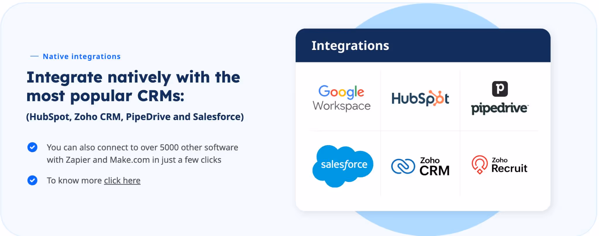 Screenshot of native integrations with popular CRMs like Google Workspace, HubSpot, Pipedrive, Salesforce, Zoho CRM, and Zoho Recruit.