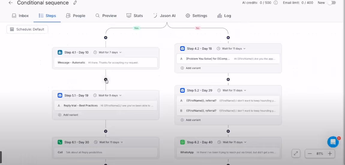 Screenshot of a conditional sequence in Reply.io.