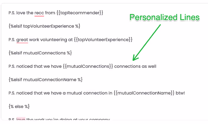 Code snippet showing personalized lines in a LinkedIn message template.
