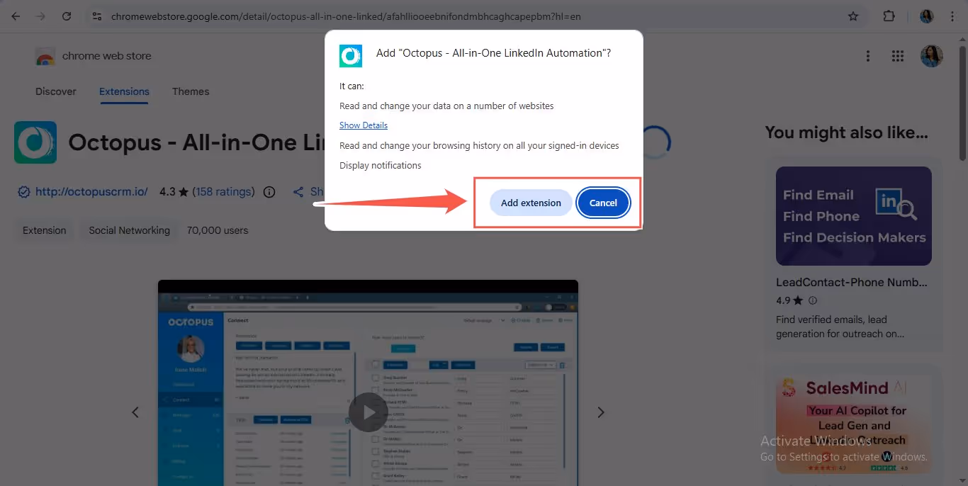 Click on add extension.