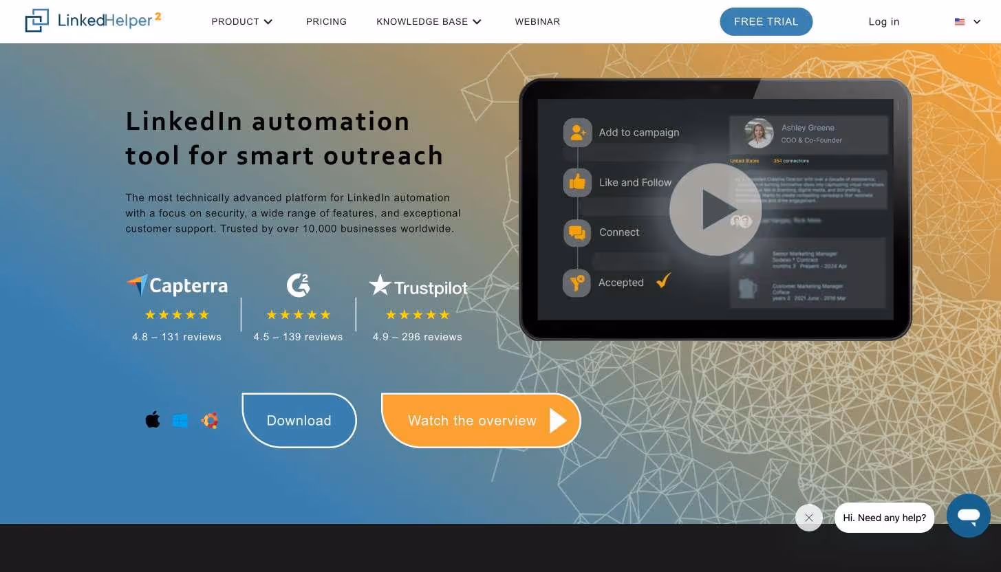 A website homepage for LinkedHelper, a LinkedIn automation tool, showing a profile screenshot.
