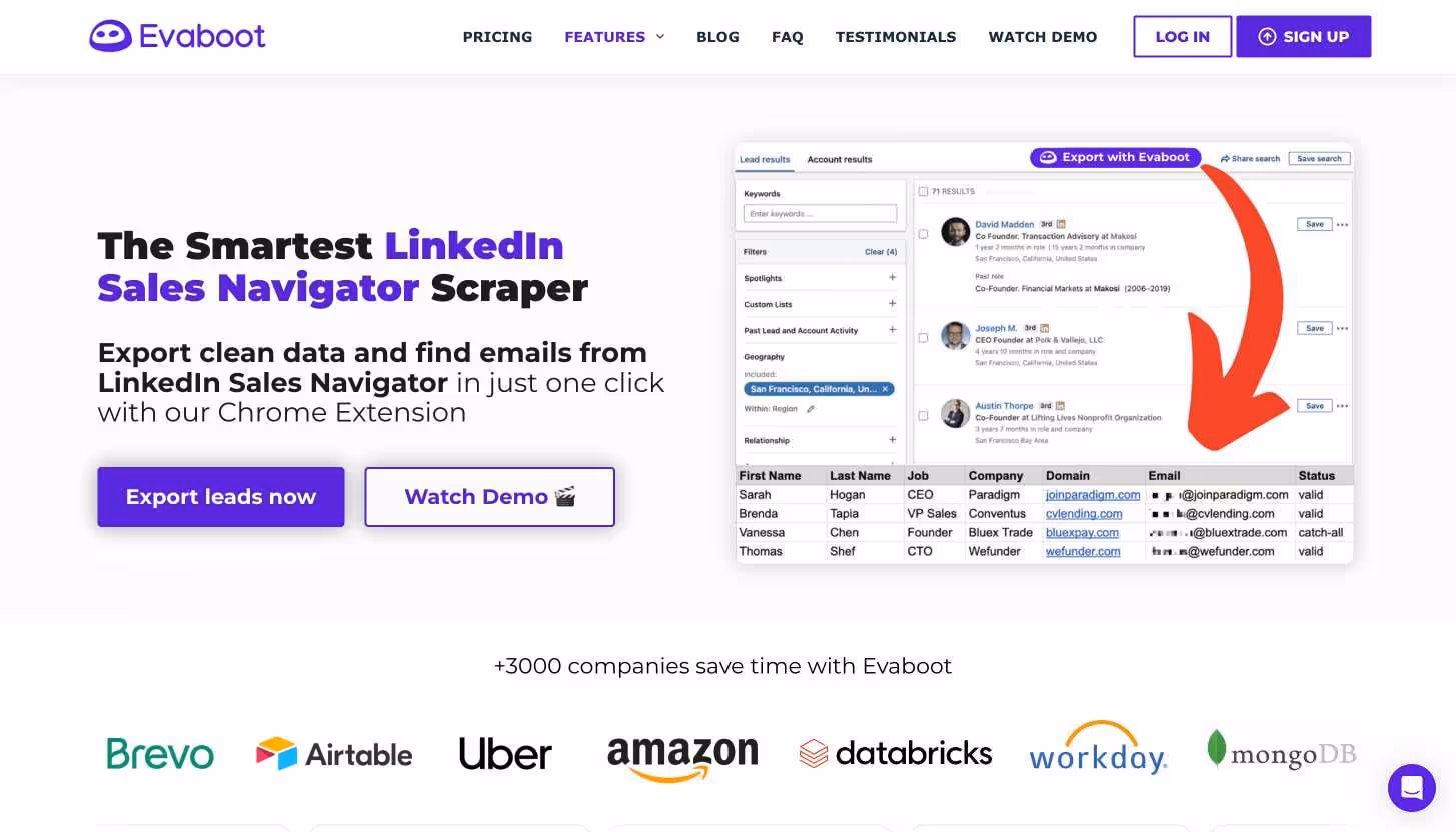 Evaboot landing page showcasing a table of exported LinkedIn Sales Navigator leads and contact information.