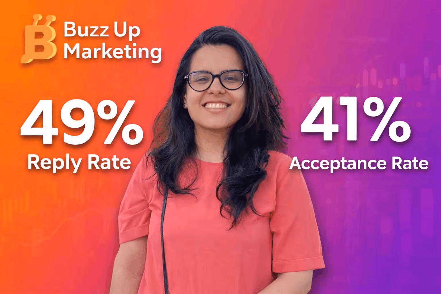 Case study thumbnail for Buzz Up Marketing, showcasing a 49% reply rate and a 41% acceptance rate achieved using SalesRobot.