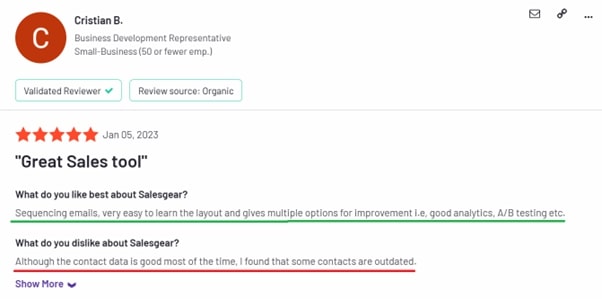 Customer review from G2 showing pros and cons of salesgear.