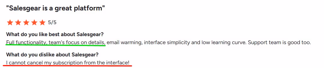 A user review praising 'full functionality, team's focus on details' for Salesgear, but complaining about inability to cancel subscription from the interface.