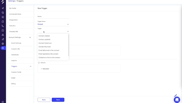 screenshot showing how to set a new trigger in salesgear.