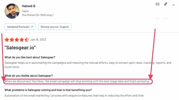 Negative customer review on G2 showing how salesgear stops campaigns automatically.
