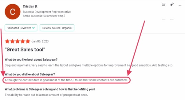 customer review on G2 showing how salesgear's contact data is outdated.