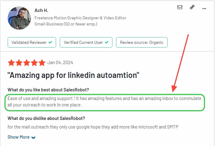 screenshot showing positive customer review for salesrobot on G2. 