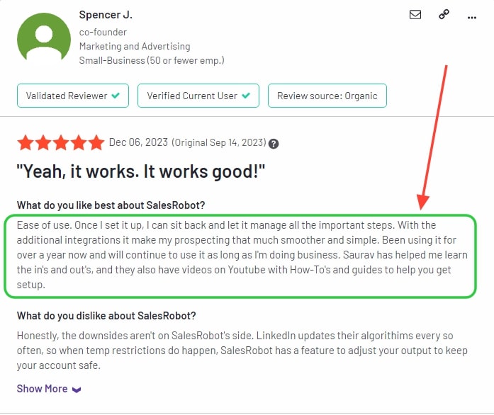 screenshot showing positive customer review for salesrobot on G2.