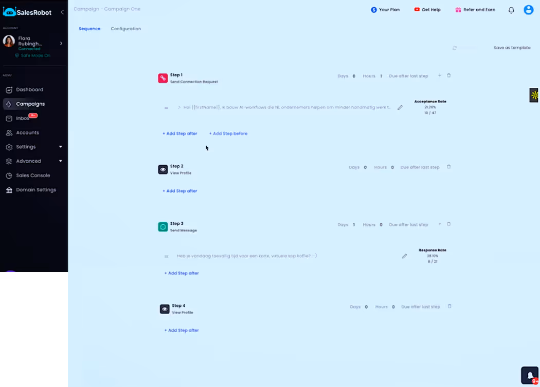 Screenshot of a 4-step SalesRobot automated campaign sequence, featuring one connection request step, followed by view profile, followed by one follow-up message step, then again viewing profile.