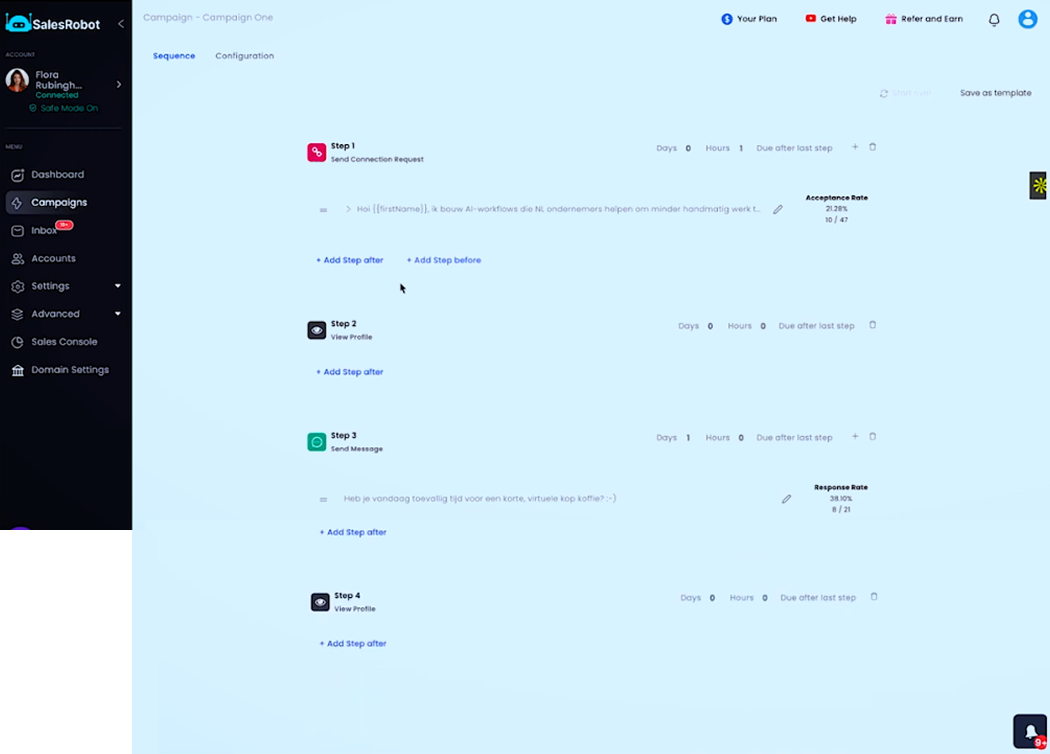 Screenshot of a 4-step SalesRobot automated campaign sequence, featuring one connection request step, followed by view profile, followed by one follow-up message step, then again viewing profile.