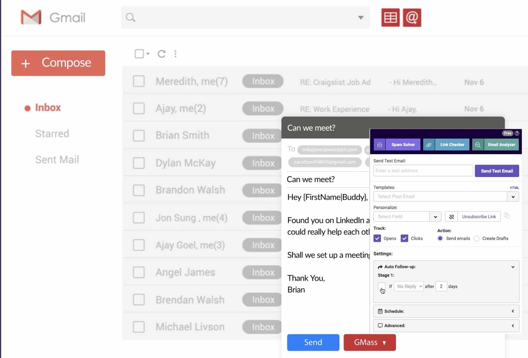 Screenshot of SalesRobot's Gmail integration, showing email automation features.