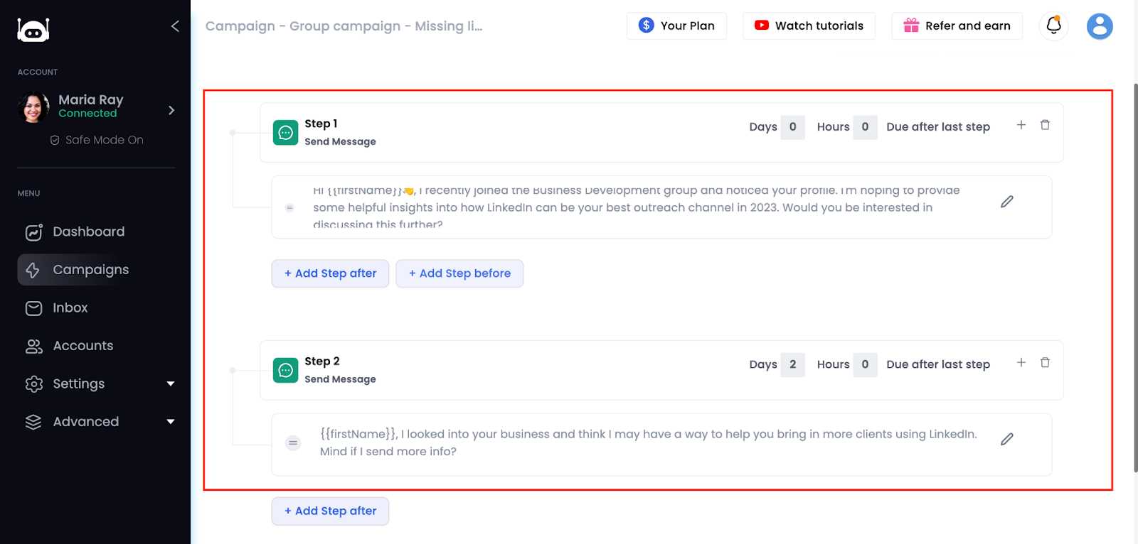 Adding campaign sequence on Salesrobot app.