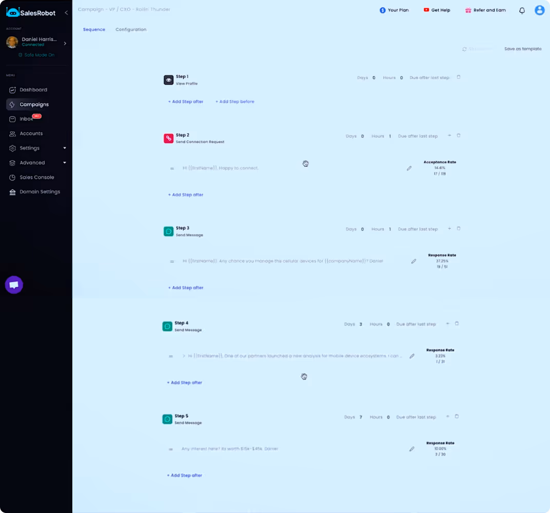 Screenshot of a 5-step SalesRobot automated campaign sequence, featuring one view profile step, followed by connection request, followed by three follow-up message step.