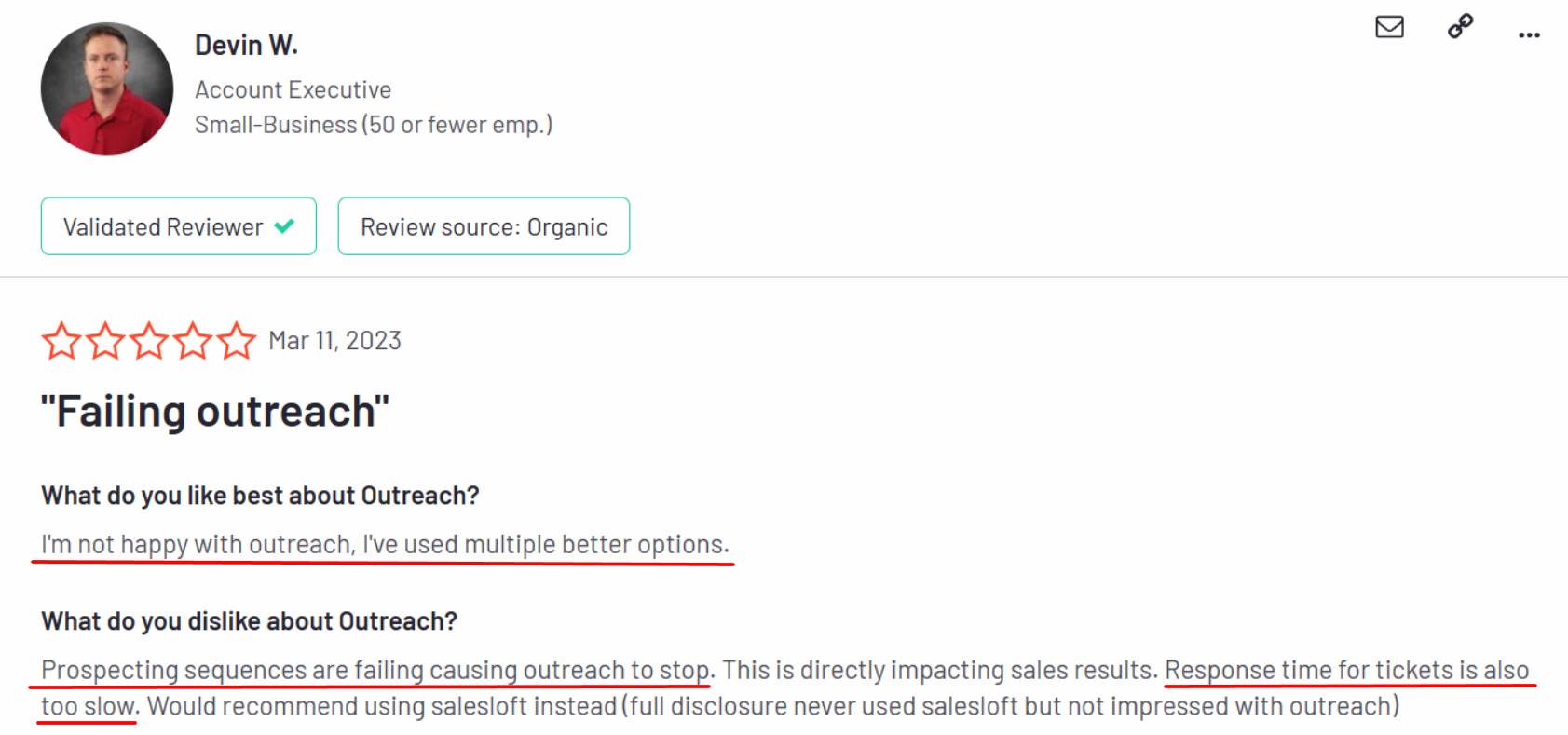 User review of Outreach.io saying their sequences are failing