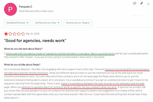 User review of Reply.io saying lead lists don't import properly