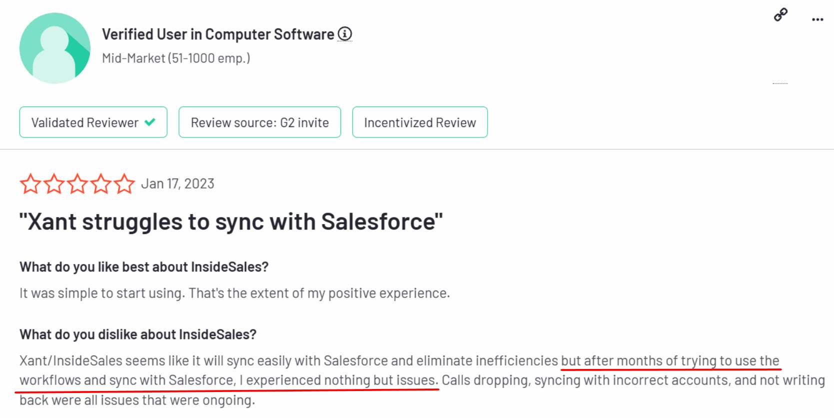 User review of InsideSales saying it has problems integrating with Salesforce