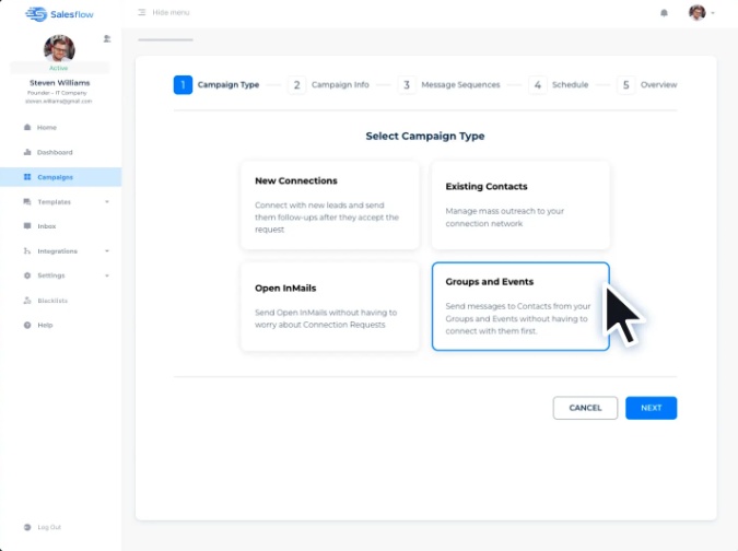 Salesflow campaign type selection.